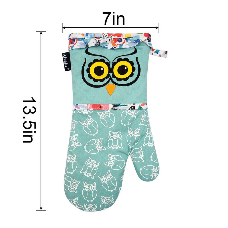 Alselo Oven Mitts, Heat Resistant with Soft Quilted Cotton Lining Set of 2, Fashion Animal Design with Silicone Printing Anti-Slip Kitchen Gloves for Safe Backing Cooking Barbecue (Green 2) - Image 2